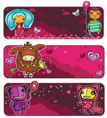 A set of colorful Valentine banners: A couple in love on a date, Cute donkey with a flower, funny anumals bear and cat on date  Beautiful backgrounds with sunset sky, birds, bees, flowers