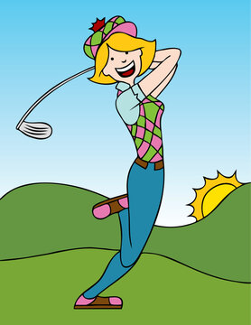 Cartoon of a woman swinging a golf club on the course.