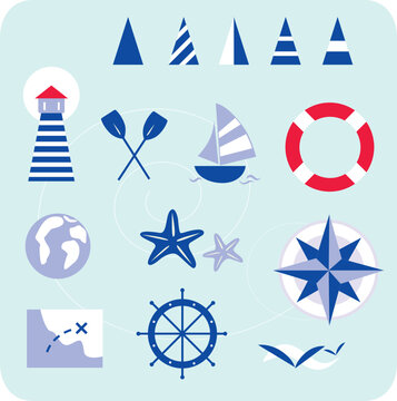 Stylized sailor and nautical icons. In trendy blue-red retro style with stripes. All Icons are hand-drawn, created only with shapes. Lighthouse, boat, compass, map and other nautical elements.
