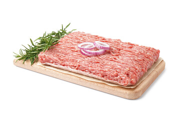 Board with fresh minced meat, rosemary and onion rings isolated on white background