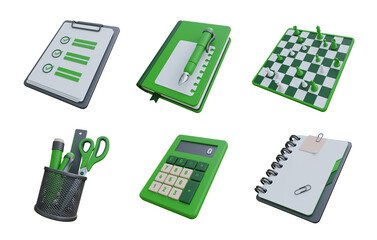 3d render collection of business school items including a calculator pen notebook chess board clipboard - obrazy, fototapety, plakaty