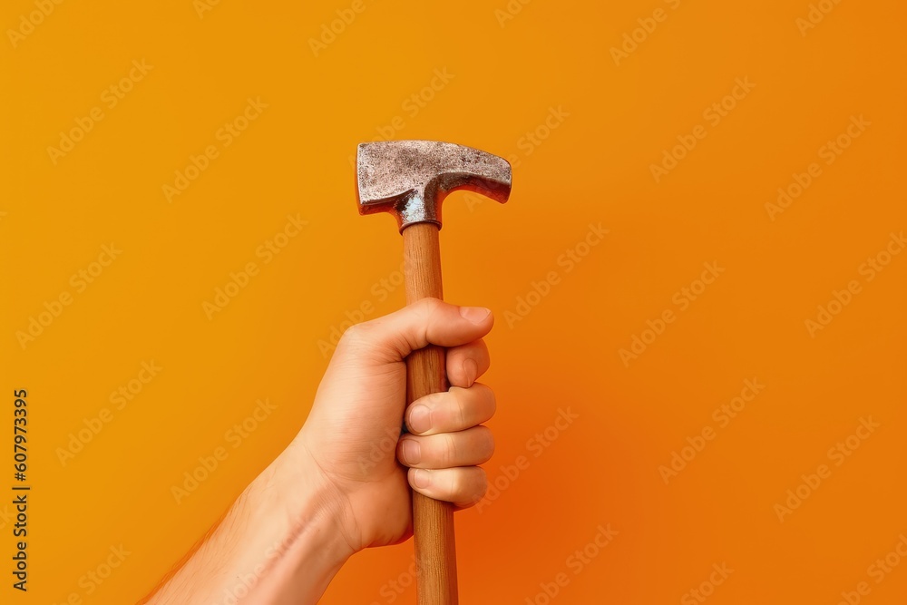 Canvas Prints Hand holding hammer isolated on orange background, Generative AI