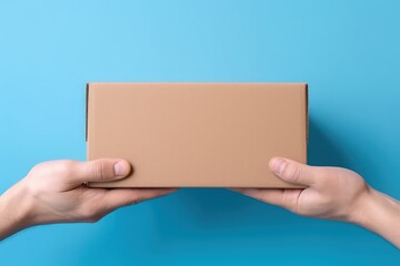 Hand holding cardboard box on blue background, hand with package, Generative AI 