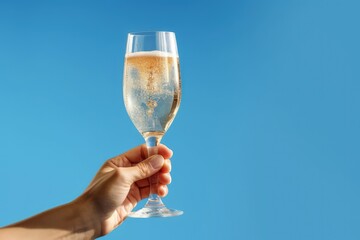 Hand holding glass goblet with champagne on blue background, Generative AI