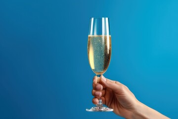 Hand holding glass goblet with champagne on blue background, Generative AI