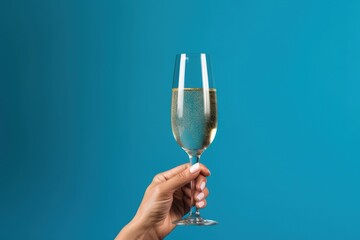 Hand holding glass goblet with champagne on blue background, Generative AI
