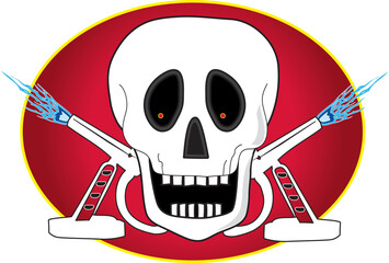 A skull with torches and blue flames on a red oval background