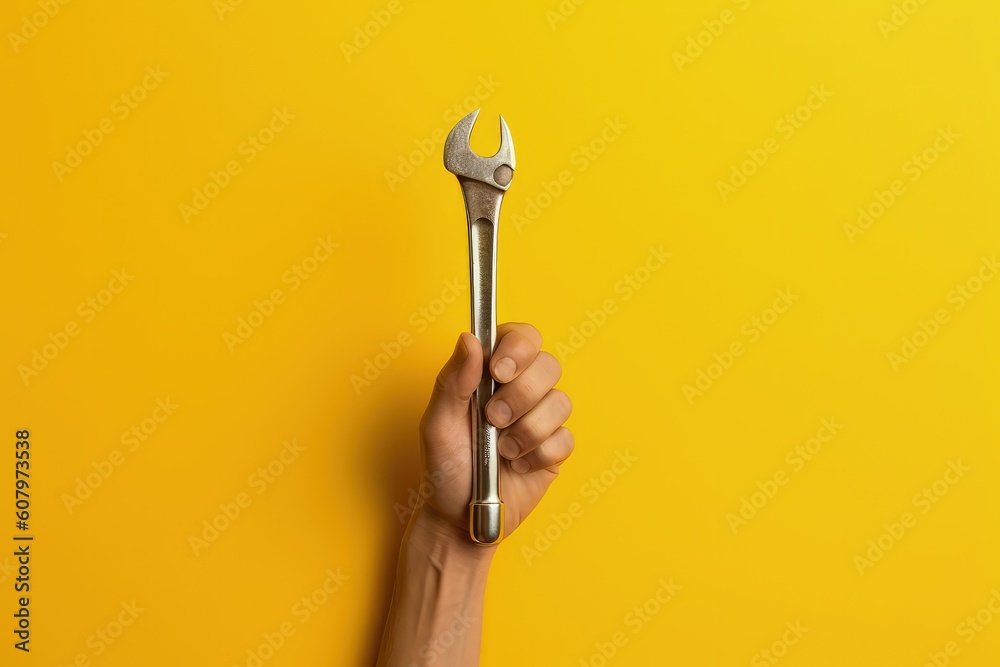 Sticker Hand holding wrench on yellow background, spanner, Generative AI
