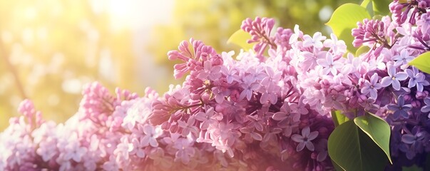 Lilac flowers and sunshine banner with copy space. Beautiful natural floral background. Generative AI.