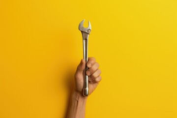 Hand holding wrench on yellow background, spanner, Generative AI
