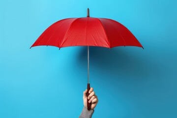 Hand holding red umbrella on blue background, Generative AI