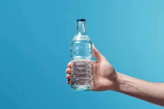 Hand holding glass bottle with water on blue background, Generative AI
