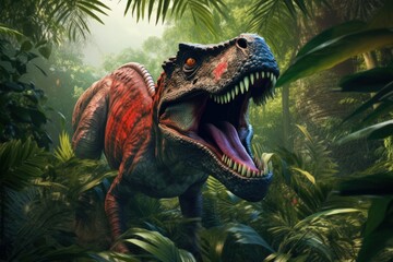 Tyrannosaurus rex in rainforest, Tyrannosaurus rex photo realistic with vibrant colors, Generative AI