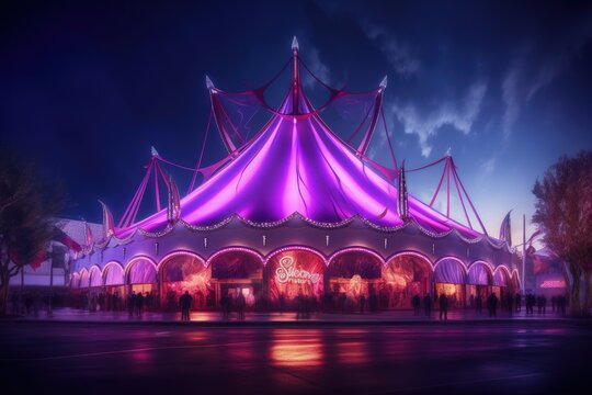 Circus with purple and violet lights in Las Vegas night, Circus facade with neon lights, Generative AI
