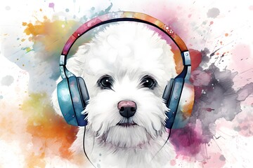 Bichon Frise dog in headphones with colorful splashes on white background. Watercolor painting illustration. Generative AI.