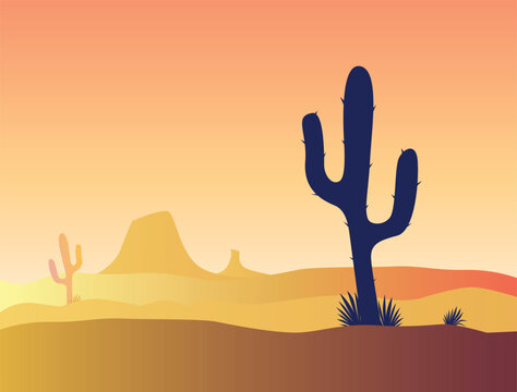 Scene with desert cactus plant and weeds. Sunset in desert. Vector Illustration.