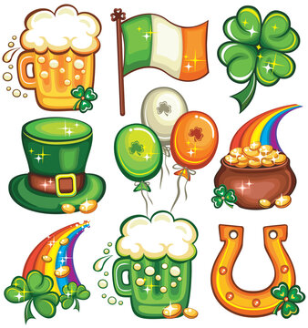 Set contains St. Patrick's Day symbols: beer, Irish flag, Leprechaun top hat, balloons, pot of gold, rainbow, green beer, horseshoe, shamrock