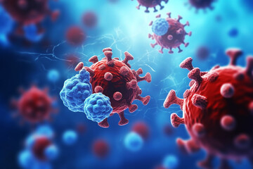 Close up macro details of red blue microbes molecules virus bacteria. Coronavirus outbreak COVID-19 - obrazy, fototapety, plakaty