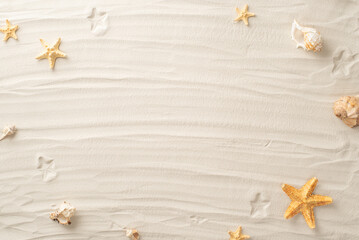 Capture allure of beach relaxation from higher vantage point. Top view of shells and starfish come together in tropical display on sandy beach. Utilize the empty frame for text or promotional content
