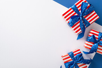Festive ambiance for the Fourth of July. Top view of party accessories, such as gift boxes in USA...