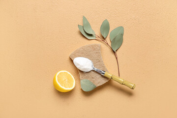 Spoon of baking soda, cleaning sponge, lemon and eucalyptus branch on color background