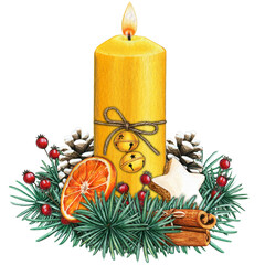 watercolor hand drawn christmas candle