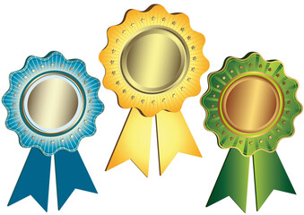 Gold, silver and bronze awards with ribbons and stars on white background