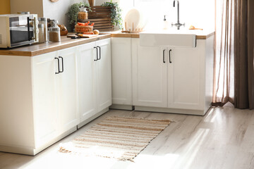Interior of bright kitchen with stylish rug