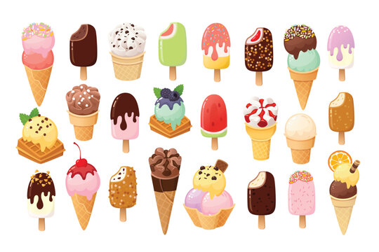 Collection of ice cream and popsicle images. Set of vector icons and stickers. Ice creams with various flavours Strawberry, chocolate and vanilla. Waffle cones, colourful scoops, glazing and nuts