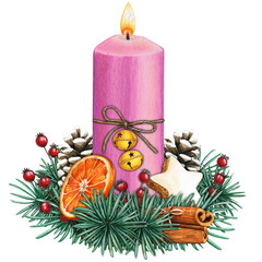 watercolor hand drawn christmas candle