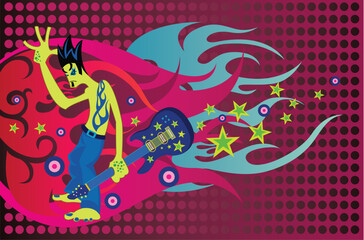 Fashion guitarist character with funky background.