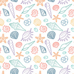 Summer marine seamless pattern. Line drawn seashells. Colorful outline of sea shell on white background. Sea holiday vector illustration