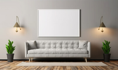 Blank picture frame mockup on white wall, Artwork in design interior. Modern scandinavian style, generative AI