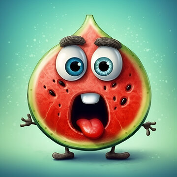 Funny cartoon watermelon with a scared screaming face on light blue background. Cute watermelon cartoon character emoticon mascot. Generative AI