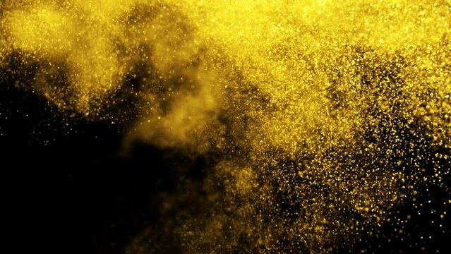 Particle gold dust flickering on black background. Abstract Footage background for text. Gold Particles Moving Background. fast energy flying wave line with flash lights. Particle from below. 