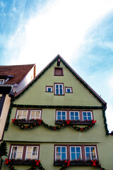Facade of old houses in the historic center of Rothenburg ob der Tauber in South Germany, Europe