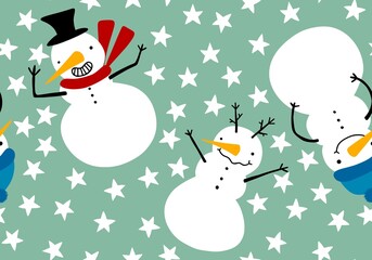 Christmas cartoon snowman seamless snowflakes and penguin and gifts box and candy and socks and gloves pattern