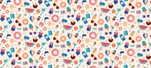 Summertime background with colorful vacation icons and graphic elements. Summer beach seamless pattern. 