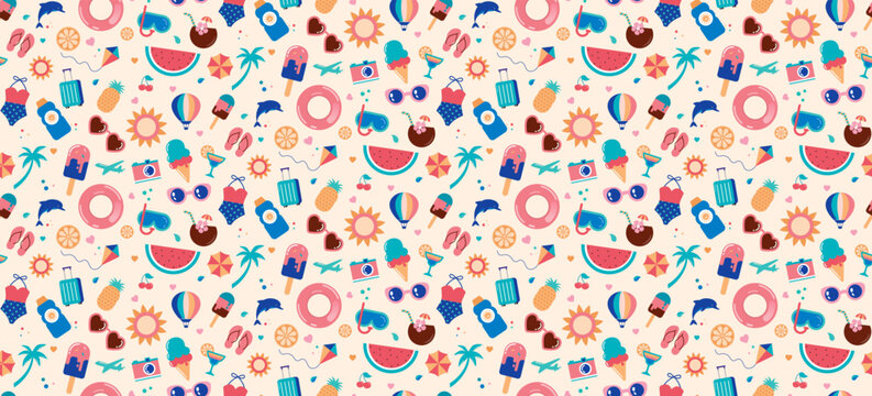 Summertime background with colorful vacation icons and graphic elements. Summer beach seamless pattern. 