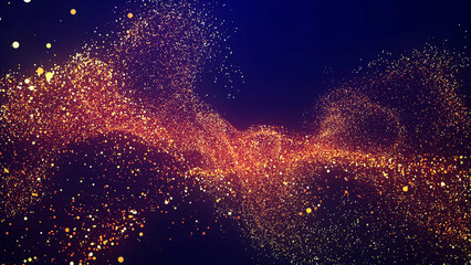 Abstract bg, golden magic glitters fly in air form beautiful swirls. Fiery sparkles float in viscous liquid. Sparkles in flow of turbulence force. 3d render