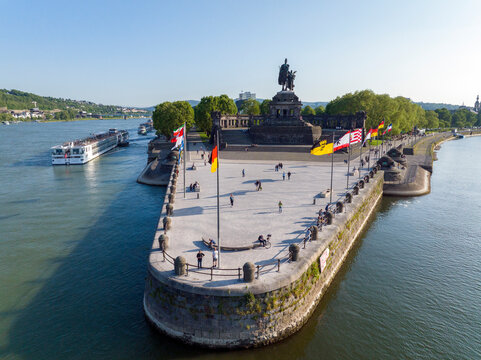 Koblenz, Germany - 23 may 2023: Deutsches Eck or German Corner in Koblenz, where the Mosel river joins the Rhine.