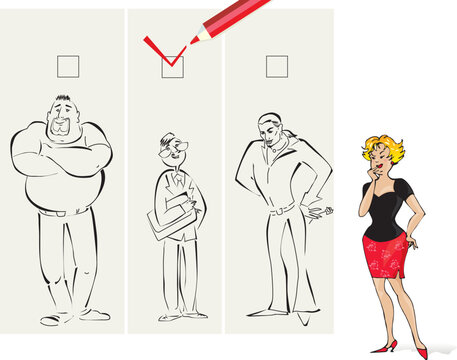 Vector cartoon of a lady choosing a right man