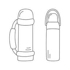 Doodle collection of thermos for hot drinks. Travel outline illustration. Line drawn element for camping, hiking, picnic