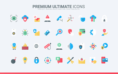 Secure information trendy flat icons set for computer, laptop, phone cyber security. Internet technology, protection from virus attack, malware, and access in network vector illustration