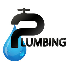 Blue water drop and plumbing text. Symbol for plumbing repair and service