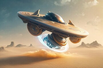 round spaceship flies over a desert created with Generative AI technology