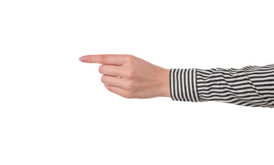 Female hand points with a finger on a white background.