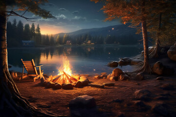 Campfire by a lake. AI generative