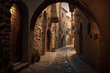 Fototapeta na wymiar small cobblestone street between mediterranean style buildings created with Generative AI technology