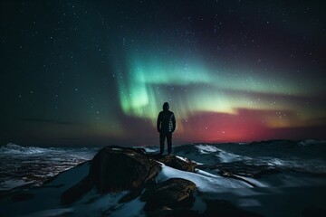 hiker on a snowy mountain top looks at the northern lights created with Generative AI technology